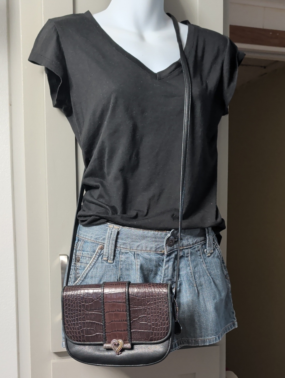 Brighton Brown Croc-Embossed Leather Crossbody with Black Trim